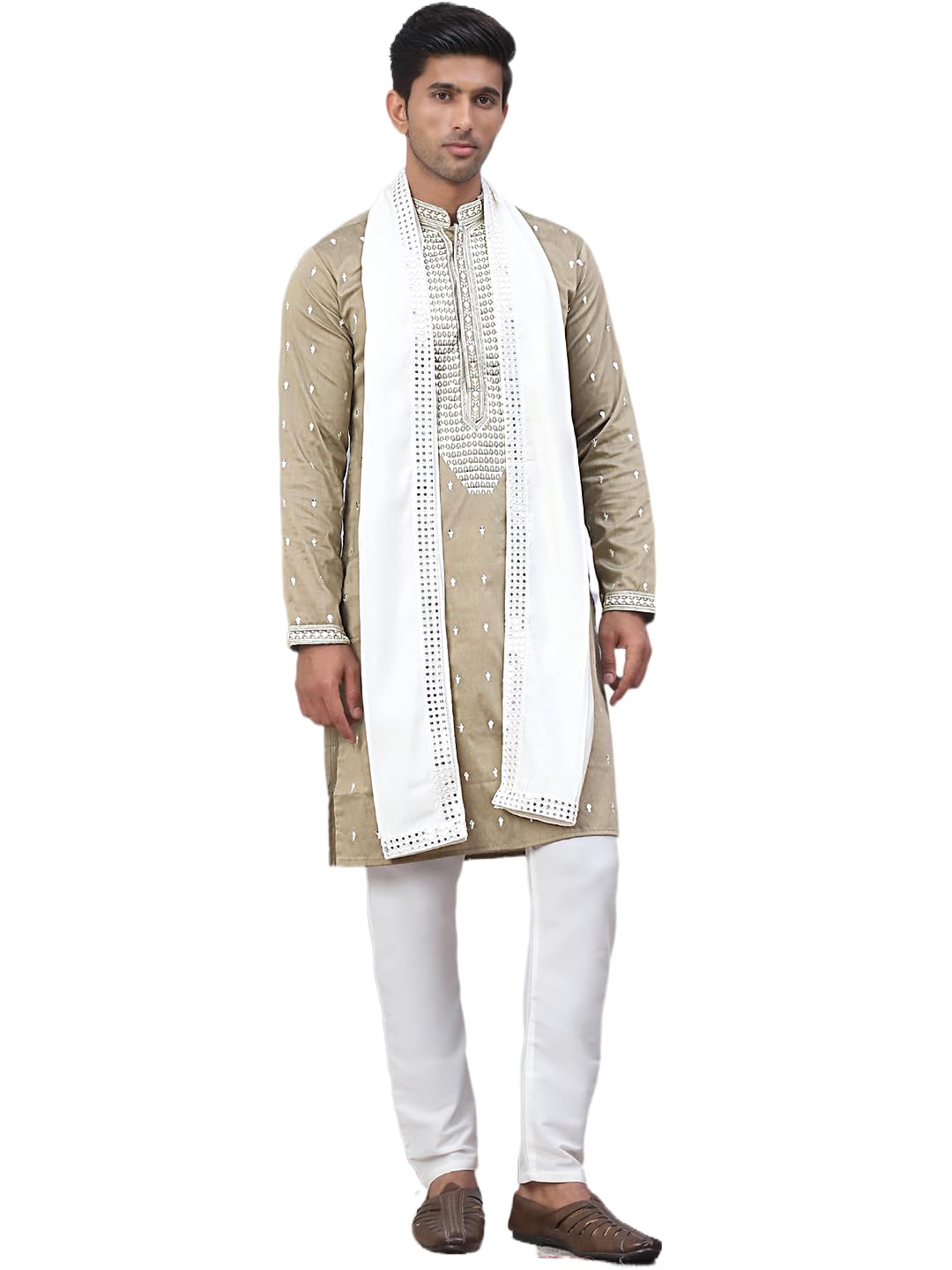 Jompers Mens Sequins Embroidered Kurta Pyjama Set With Dupatta Set
