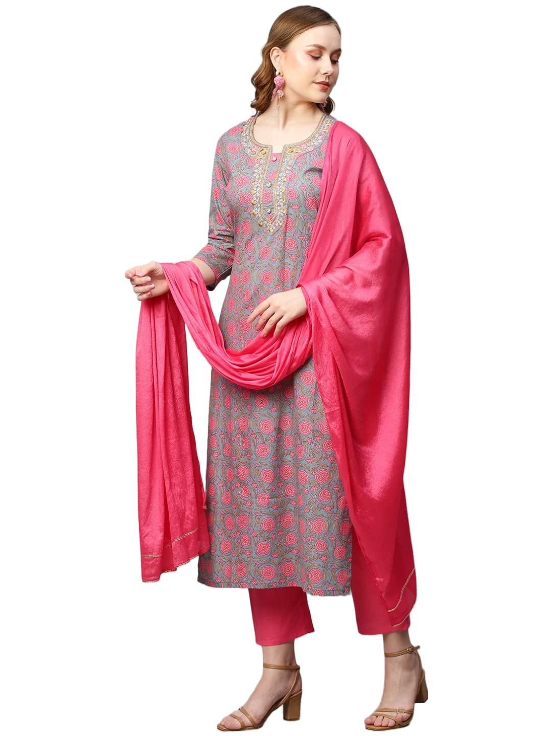 ANNI DESIGNER Womens Cotton Blend Traditional Straight Printed Kurta and Pant with Dupatta (J115 Grey_S_Grey_Small)