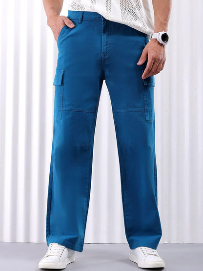 The Indian Garage Co Men Relaxed Fit Solid Mid-Rise Stretchable Cargos Denim Blue