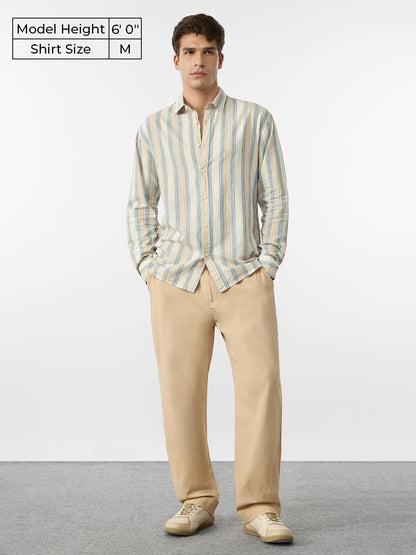 The Souled Store Cotton Linen Stripes: Sundown Men and Boys Long Sleeve Collared Neck Button Front Multicolor Stripes Regular Fi