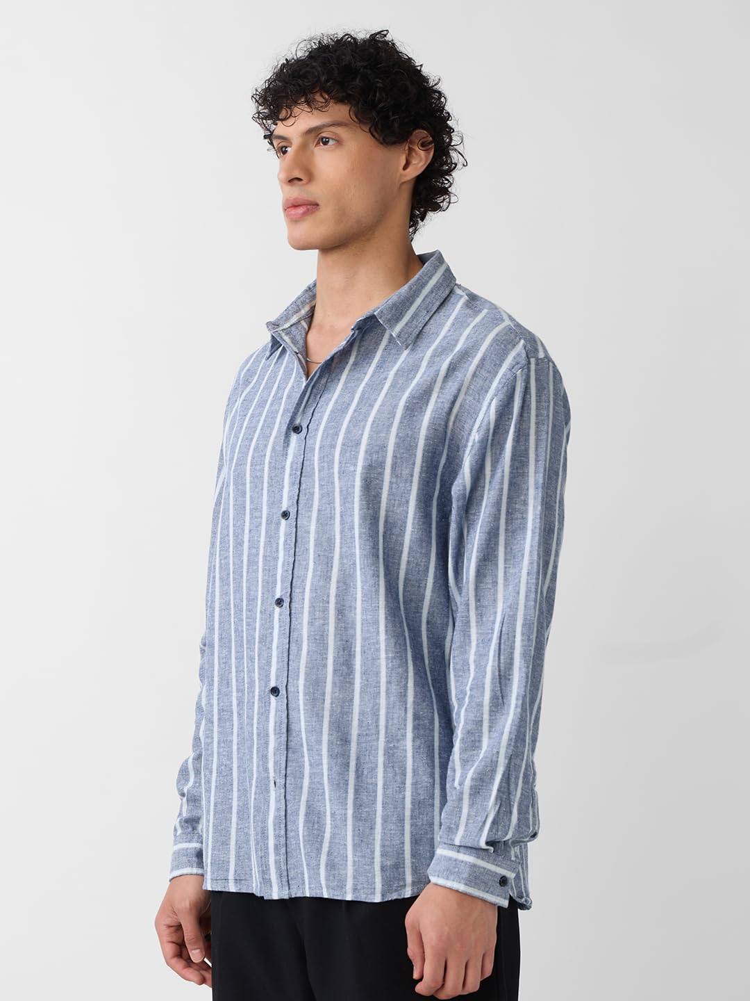 The Souled Store Cotton Linen Stripes: Nautical Men and Boys Long Sleeves Collared Neck Button Front Grey Striped Regular Fit Li