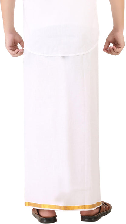 Prakasam Cotton MenS Fine Quality Welcro Pocket Jari Cotton Double Dhoti (42)