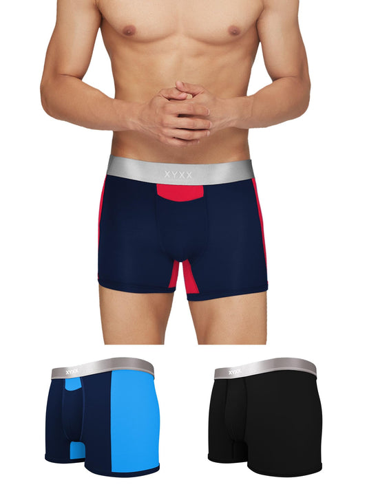 XYXX Mens Underwear Illuminati IntelliSoft Antimicrobial Micro Modal Trunk Pack of 3 (Black Iris & Tango Red ; Black Iris & Bri