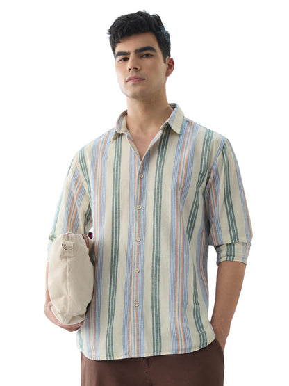 The Souled Store Cotton Linen Stripes: Sunset Lines Men and Boys Long Sleeve Collared Neck Button Front Multicolored Striped Reg