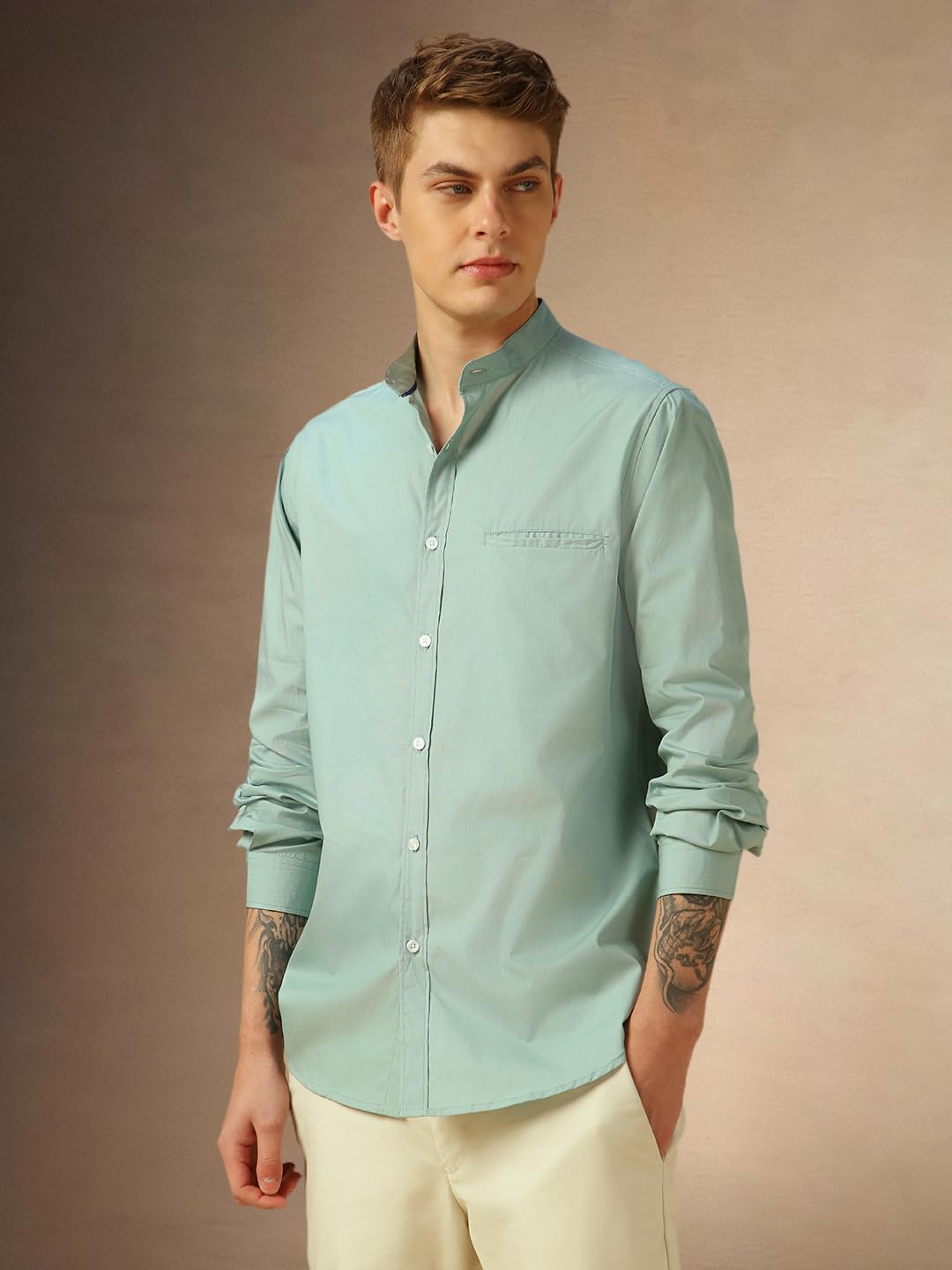 Dennis Lingo MenS Sage Green Full Sleeve Mandarin Collar Solid Regular Fit Casual Shirt