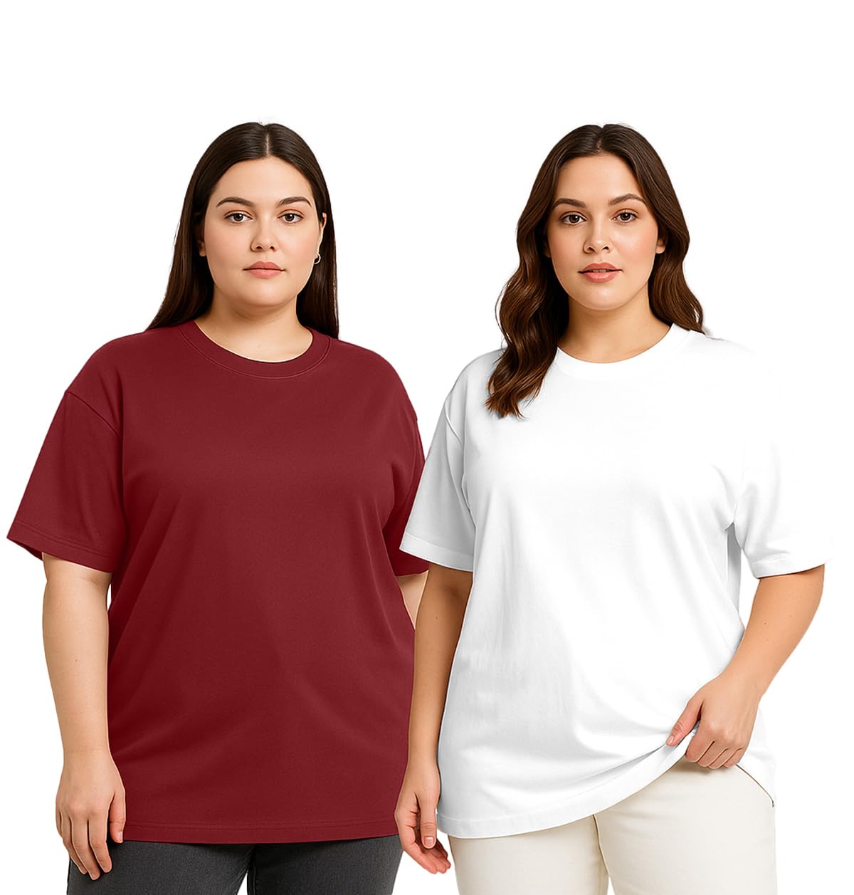 Juneberry 100% Pure Cotton Oversized Baggy Fit Drop Shoulder Solid Core Plus Size T-Shirt Combo For Women (Pack Of 2) (Po2_Jb_Ps