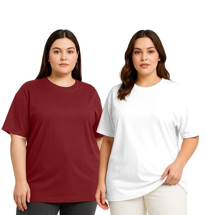 Juneberry 100% Pure Cotton Oversized Baggy Fit Drop Shoulder Solid Core Plus Size T-Shirt Combo For Women (Pack Of 2) (Po2_Jb_Ps