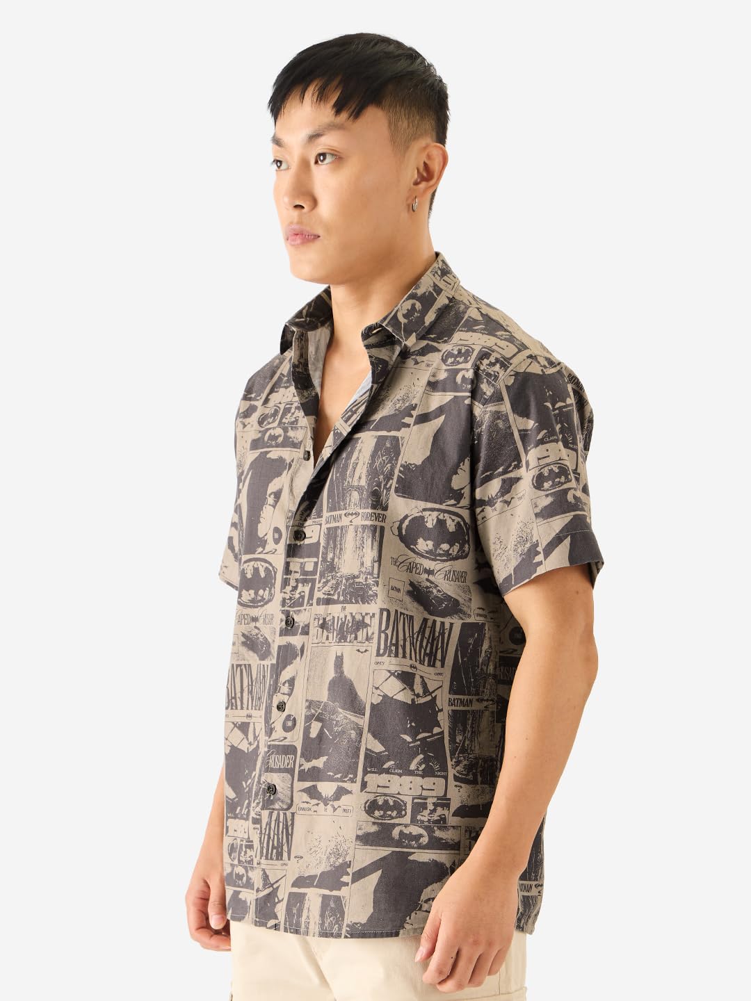The Souled Store Official Batman: 1989 Men and Boys Short Sleeve Collared Neck Button Down Grey All Over Print Cotton Summer Shi