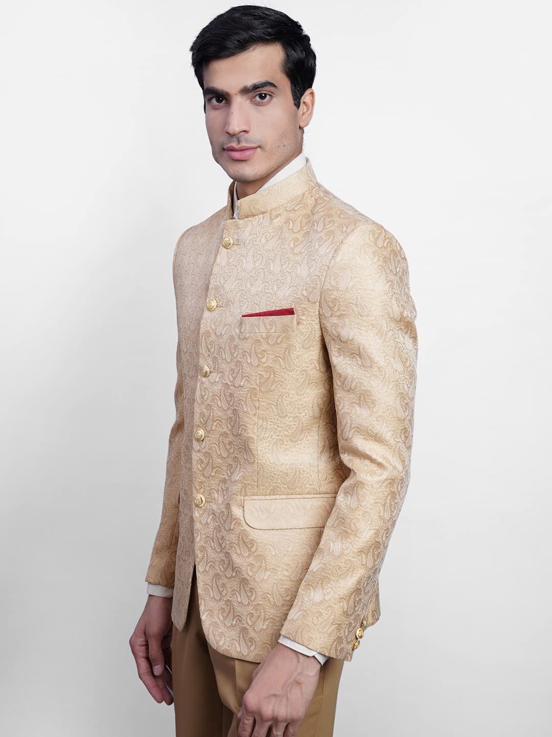 WINTAGE Mens Banarasi Rayon Cotton Festive and Casual Bandhgala Jodhpuri Blazer : Beige1