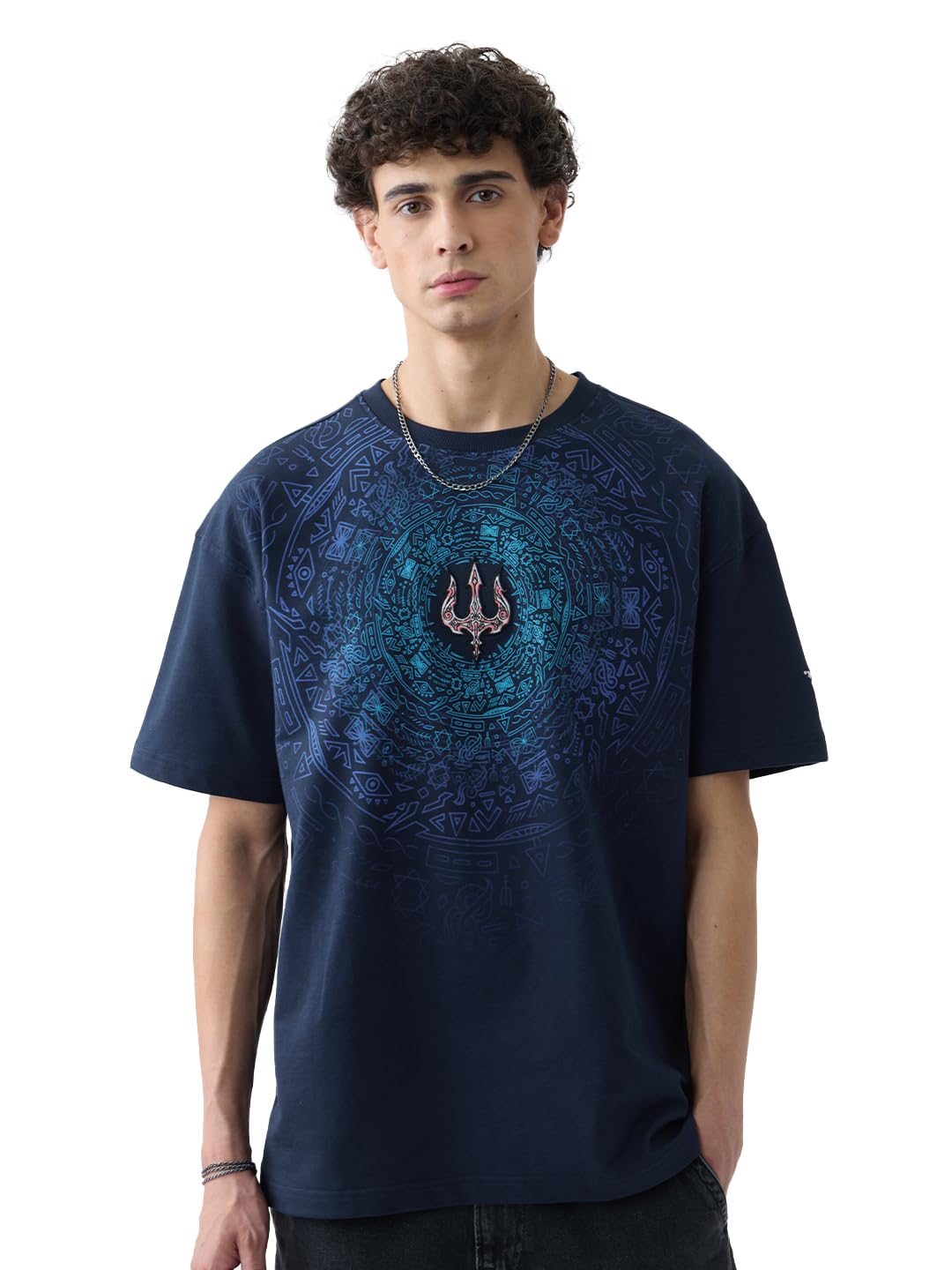 The Souled Store Trident Men and Boys Short Sleeves Roud Neck Blue Graphic Printed Cotton Oversized T-Shirts