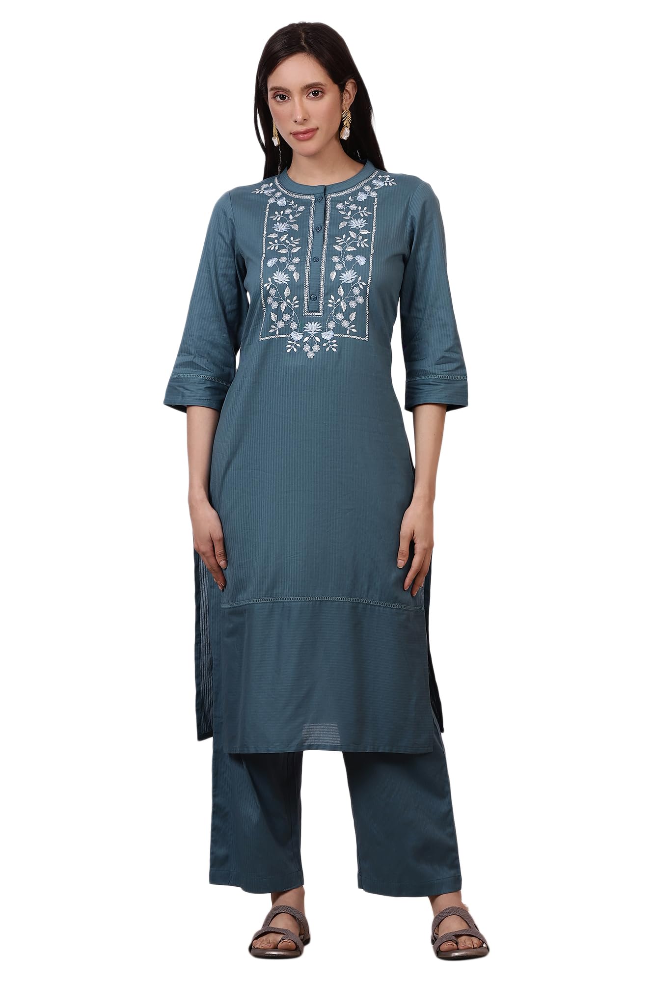 Aurelia Women's Blue Embroidered Yoke Pure Cotton Straight Kurta and Pants Set (Size: XS)-ASST15025-221942