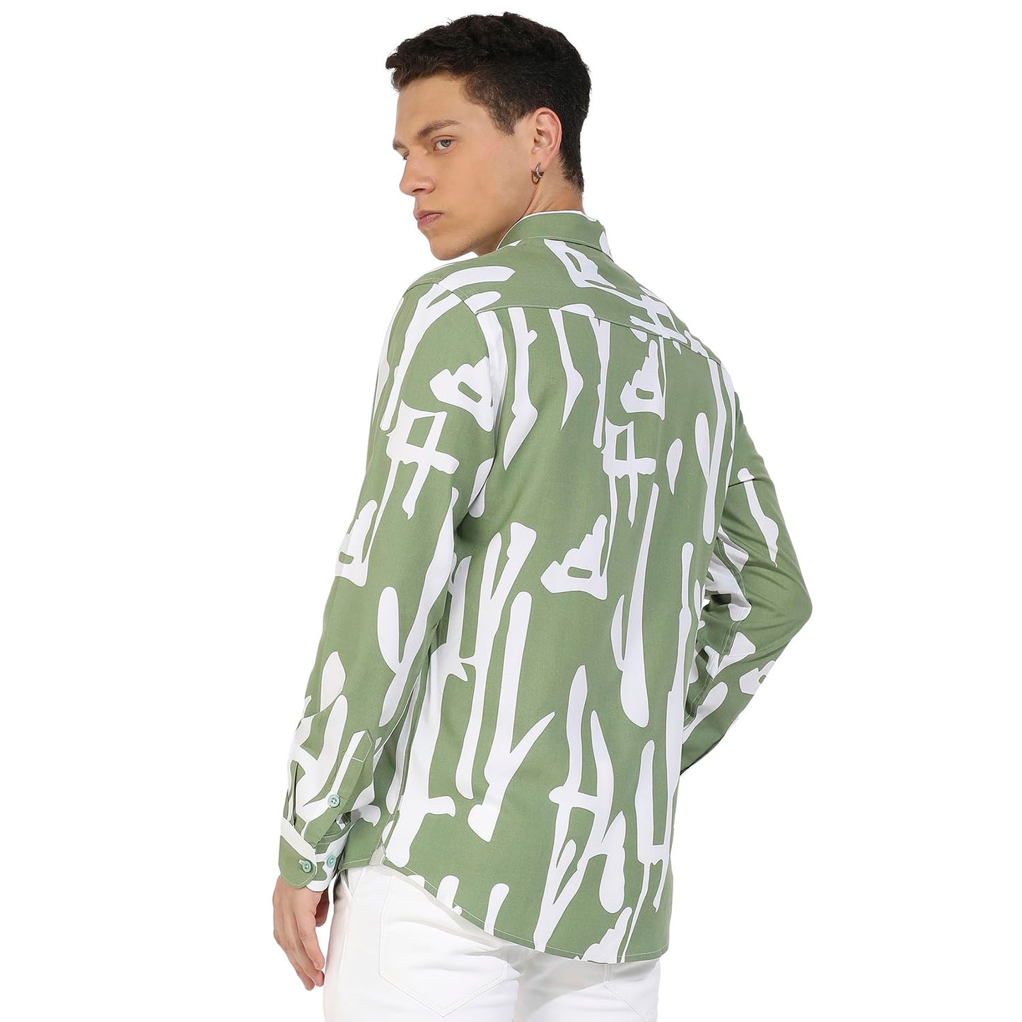 Campus Sutra Mens Sage Green Abstract Print Shirt for Casual Wear | Spread Collar | Long Sleeve | Button Closure | Heavy Rayon