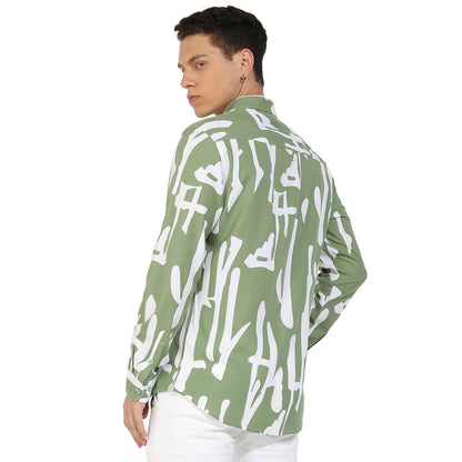 Campus Sutra Mens Sage Green Abstract Print Shirt for Casual Wear | Spread Collar | Long Sleeve | Button Closure | Heavy Rayon