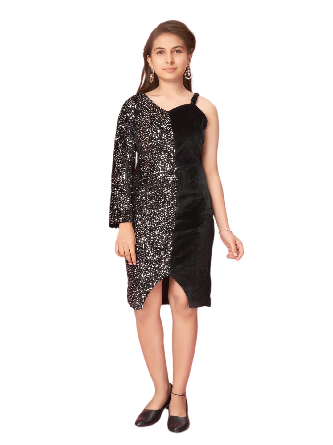 Aarika Girls Silver-Black Color Velvet Seguin Middi (MD-A-23049-SILVER-34)