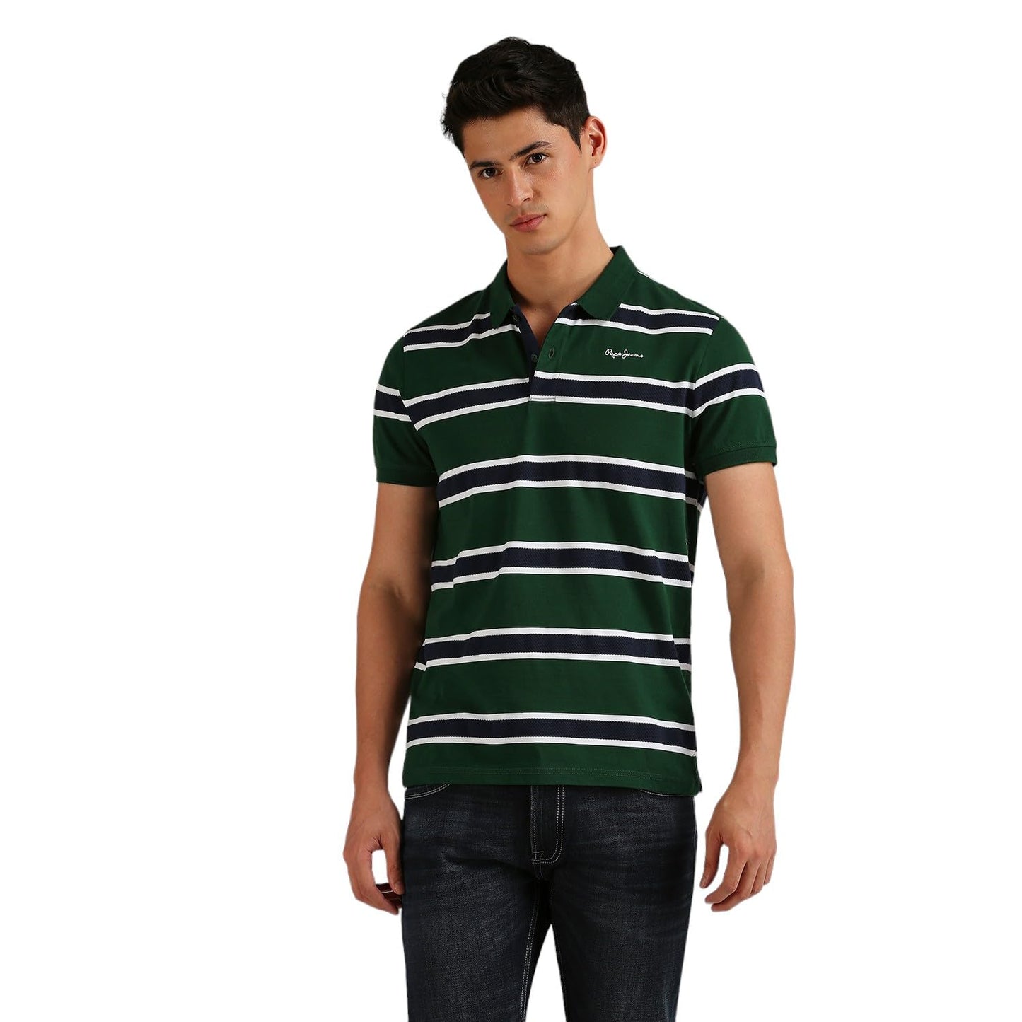 Pepe Jeans MenS Regular Fit Striped Polo T-Shirts Dark Green