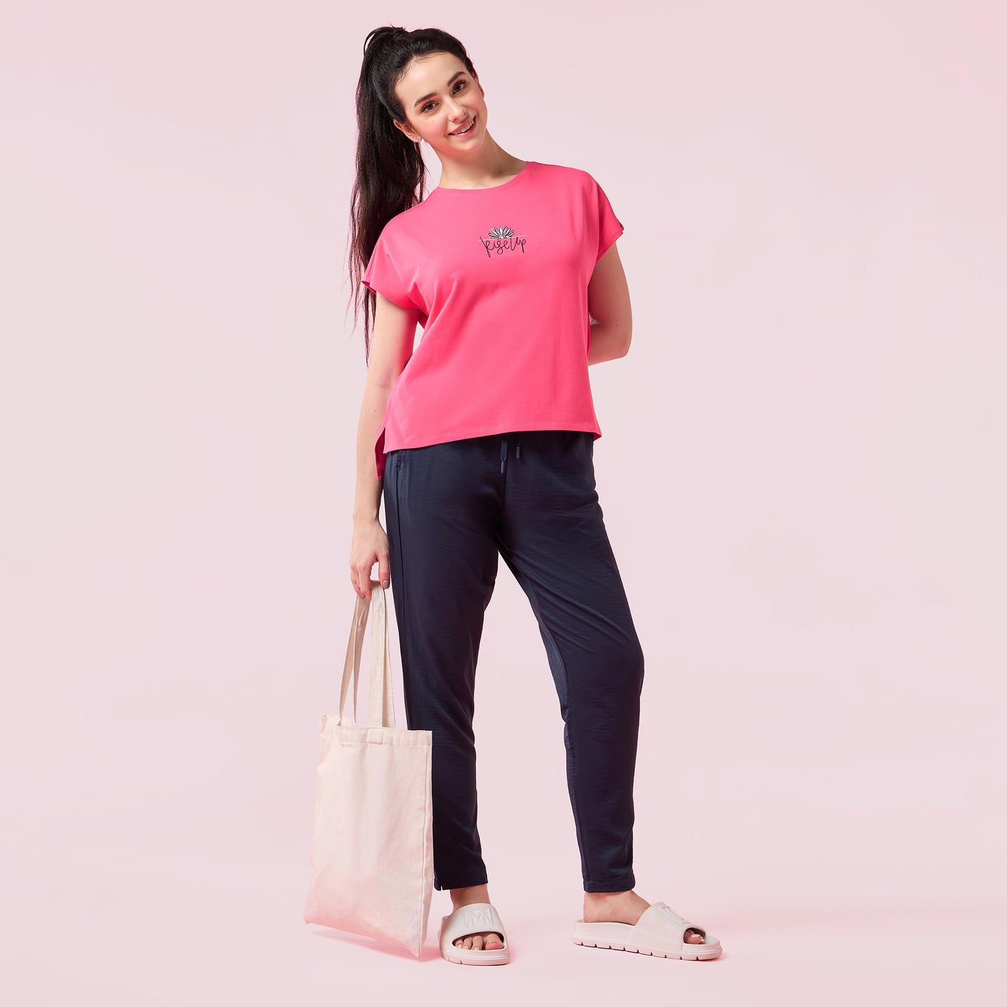 Enamor Womens Solid Relaxed Fit T-Shirt (E3G7_Raspberry Rise Up