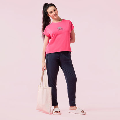 Enamor Womens Solid Relaxed Fit T-Shirt (E3G7_Raspberry Rise Up