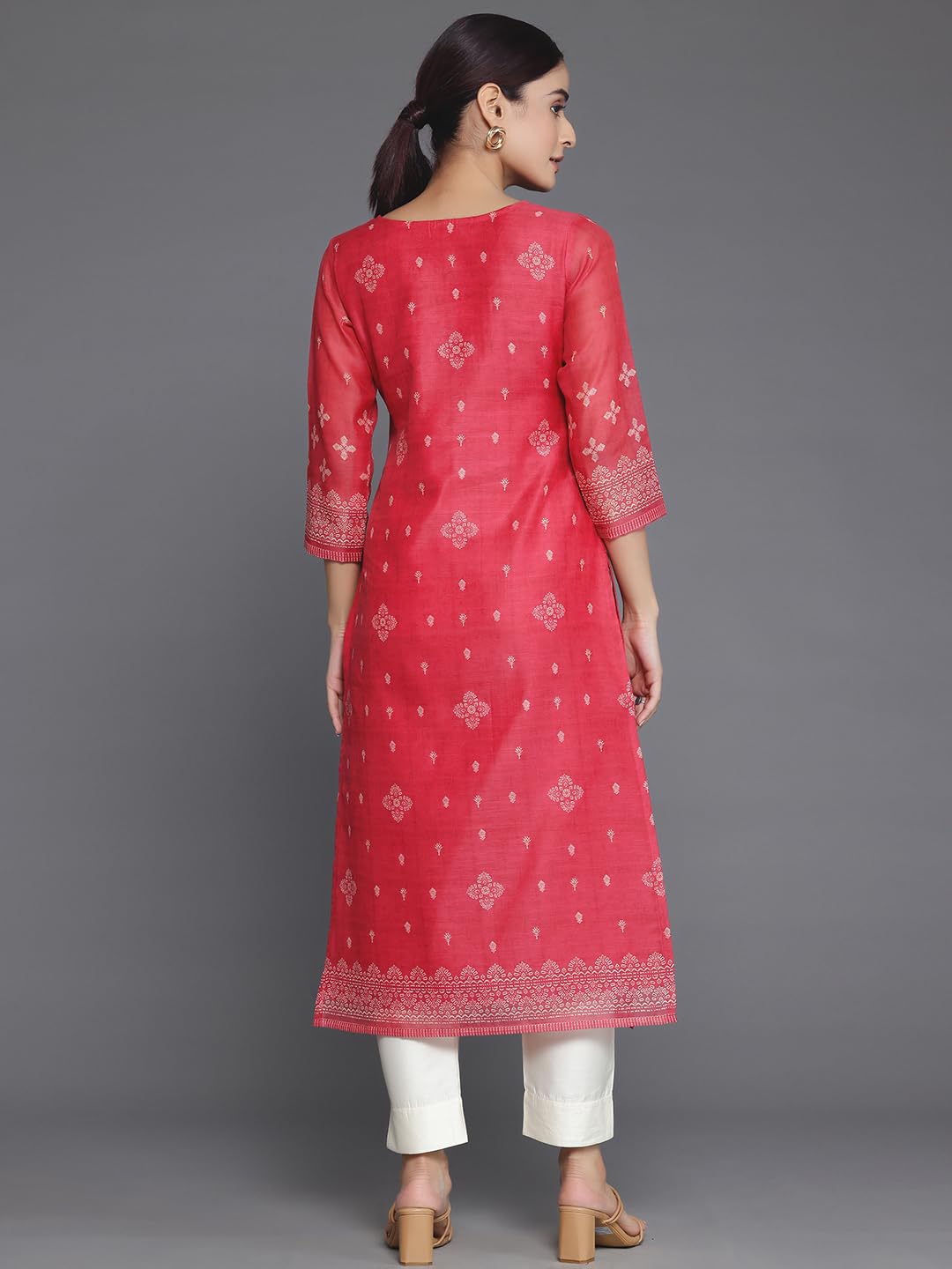 Libas WomenS Chanderi Silk Embellished Straight Kurta (37049_Coral
