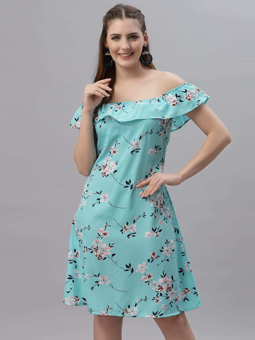 Oomph! WomenS Western & Fusion Wear Mini/Short A-Line Light Green Dress In Crepe Fabric With Off Shoulder And Off Shoulder Slee