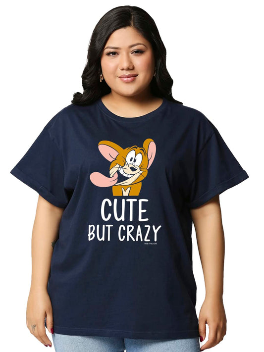 Bewakoof Cotton Womens Cute But Crazy Graphic Printed Loose Fit Plus Size Boyfriend T-Shirt, Boyfriend Fit, Round Neck, Half Sl