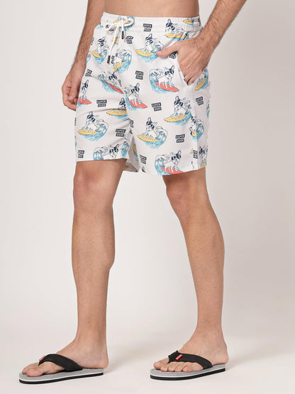 Style Quotient Men Off White and Multi Conversational Print Polyester Regular Swim Shorts