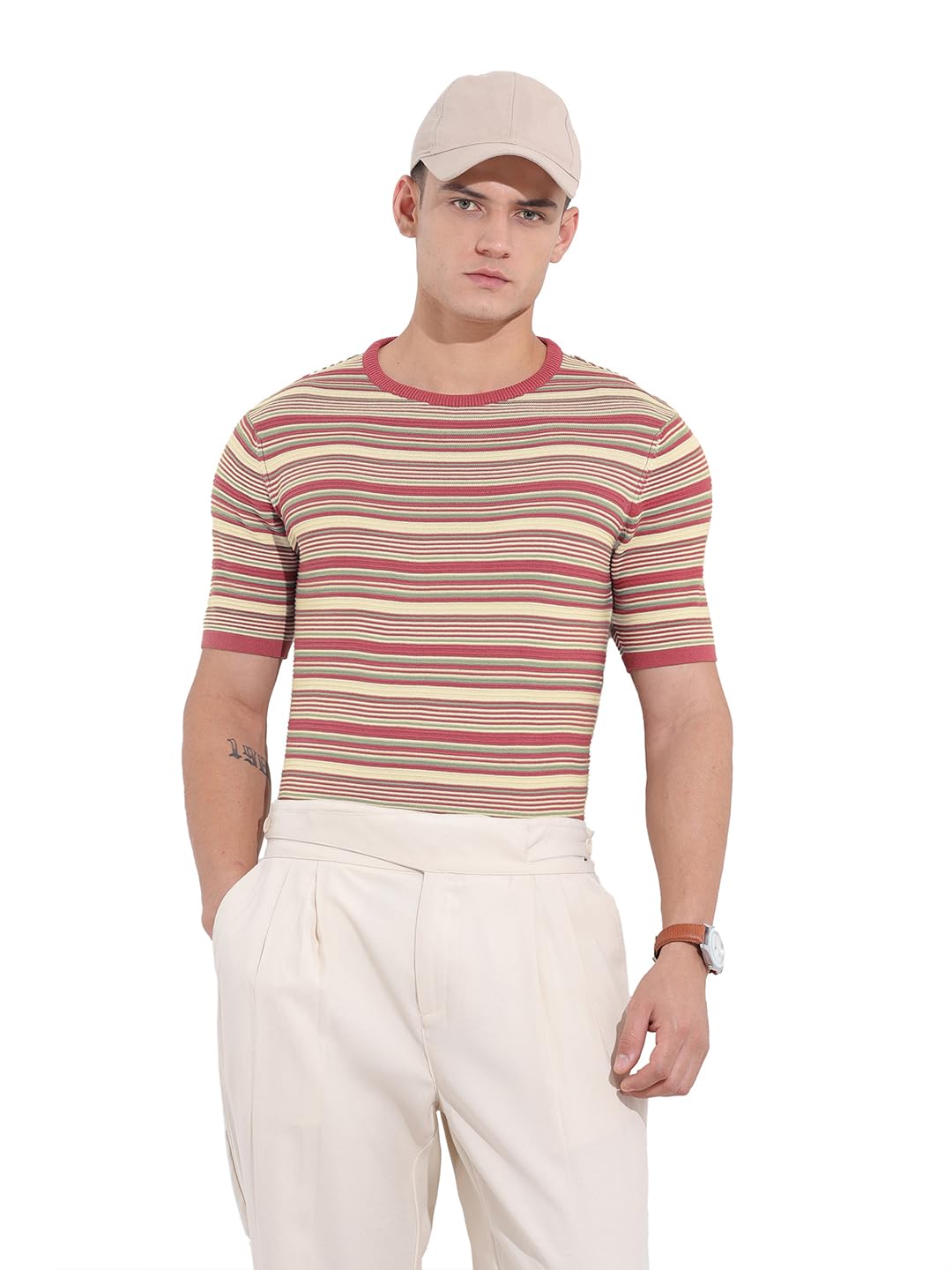The Indian Garage Co Mens Slim Fit Textured Half Sleeves Crew Neck Flat Knit T-Shirt