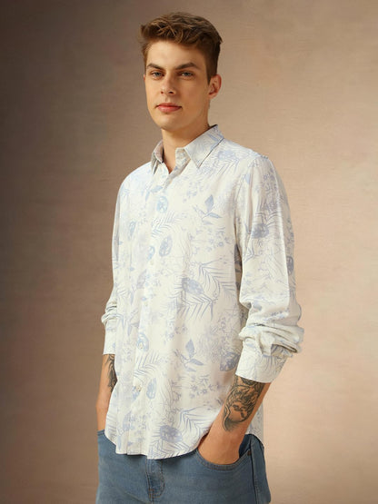 Dennis Lingo Men Printed Cotton Regular Fit Full Sleeve Shirts Blue