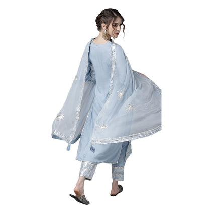 ishin Womens Silk Blue Gota Patti Embroidered A-Line Kurta set With Trouser and Dupatta
