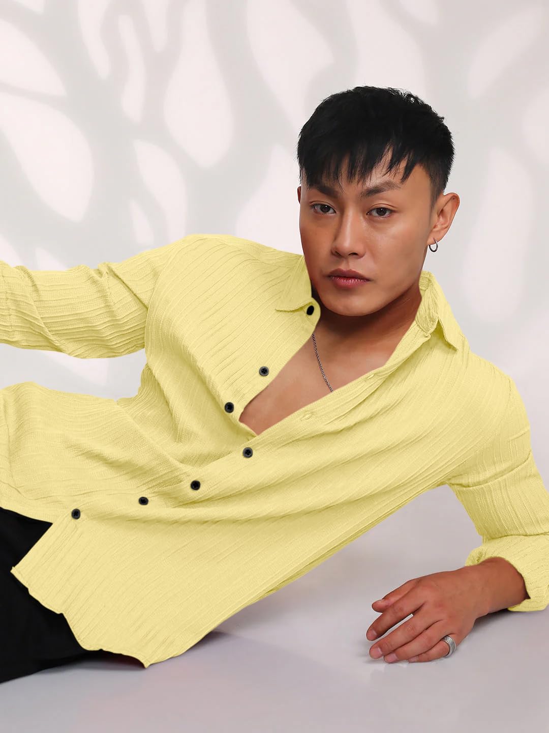 Finivo Fashion MenS Casual Cotton Striped Button Down Shirts Long Sleeve Textured Summer Beach Shirt For Men Yellow