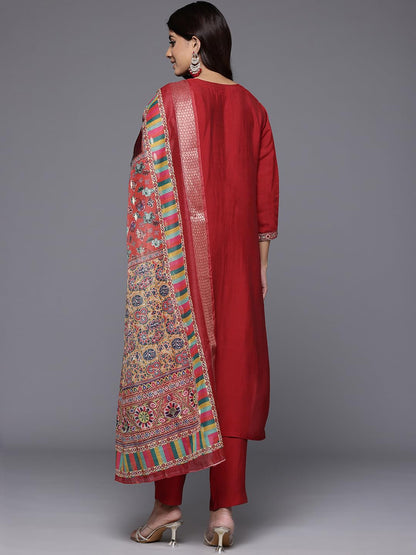 Varanga Women Red Round Neck Placement Embroidered Kurta Paired With Tonal Bottom & Printed Dupatta-Karva Chauth Special