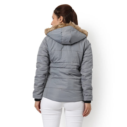 Campus Sutra Women Grey Hooded Puffer Regular Fit Bomber Jacket For Winter Wear | Standing Collar | Full Sleeve | Zipper | Casua