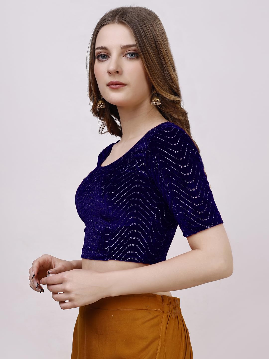 Vihu Fashion Womens Readymade Hosiery Velvet Lycra Stretchable Round Neck Half Sleeve Blouse with jari Work Fancy Navy Blue Col