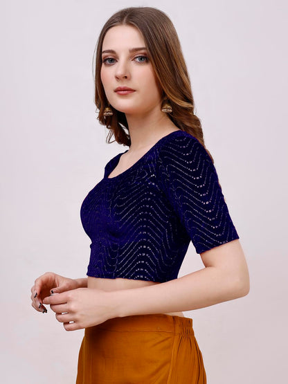 Vihu Fashion Womens Readymade Hosiery Velvet Lycra Stretchable Round Neck Half Sleeve Blouse with jari Work Fancy Navy Blue Col