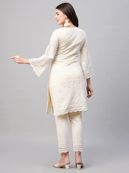 GoSriKi Women's Pure Cotton Chikankari Embroidered Straight Kurta with Pant (Mavak Cream01-GS)