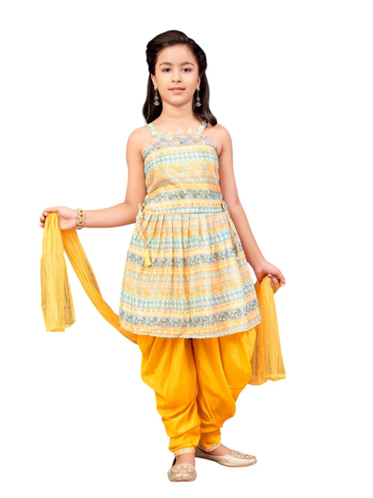 Aarika Girls Ethnic Wear Yellow Colour Floral Print Silk Kurti Patiala Set (4-13 Years)