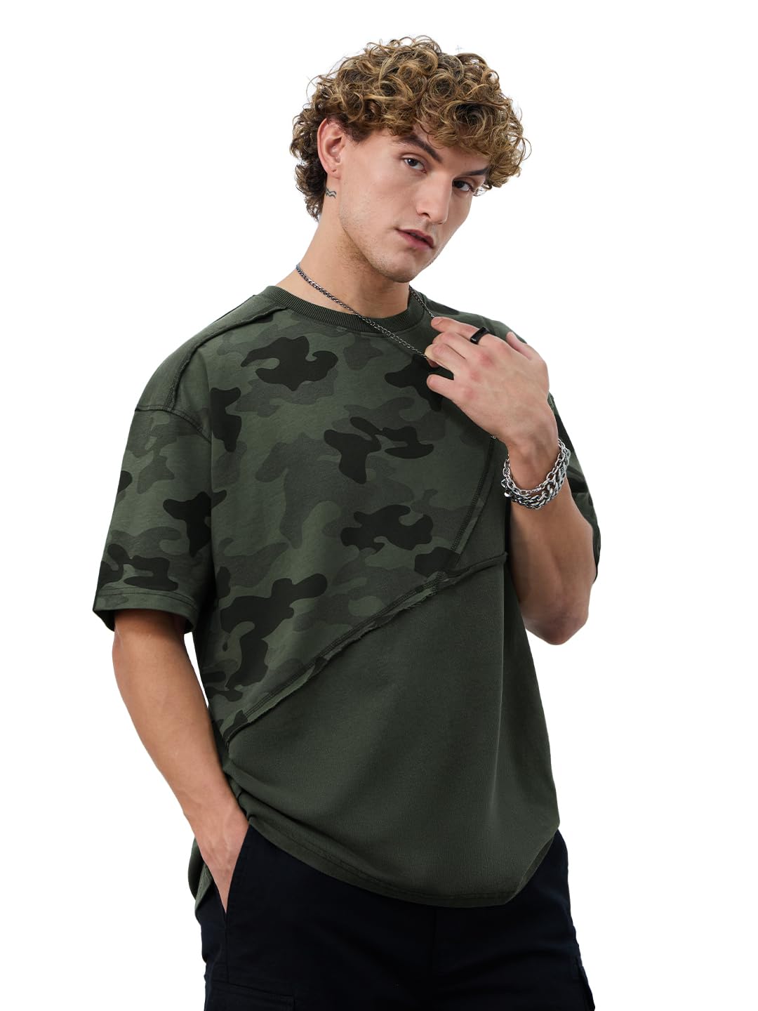 The Souled Store Panel Detail: Forest Camo Men and Boys Short Sleeves Round Neck Green Printed Cotton Oversized T-Shirts