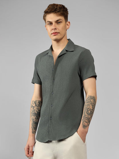 Dennis Lingo MenS| Dark Grey| Half Sleeve| Cuban Collar| Striped| Relaxed Fit| Casual Shirt