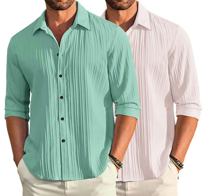 Deelmo Combo Of MenS Casual Button Down Shirts Long Sleeve Linen Shirt Fashion Textured Summer Shirts Pack Of 2