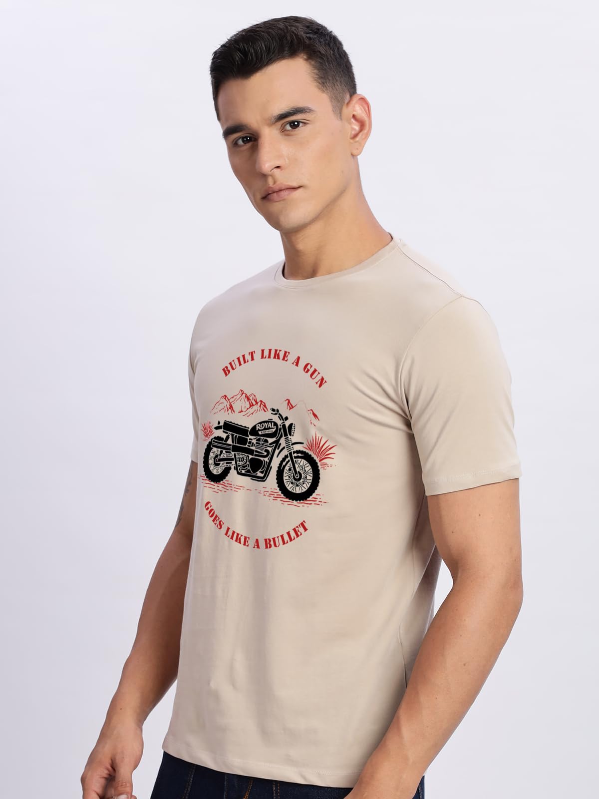 ADRO Men's Royal Bike Design Printed 100% Cotton T-Shirt - Regular Fit, Printed T-Shirts for Men (RN24-RYL-BE_Beige)