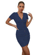 Sugathari N Blue Casual Ruched Bodycon Ribbed Sexy V Neck Button Down Stretchy Fitted Cocktail Party Club Mini Dresses (Midi 122