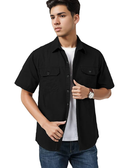 SMOWKLY Mens Casual Solid Printed Cotton Regular Fit Shirt || Half Sleeve, Button Down, Double Front Pocket || Denim Jacket Sty