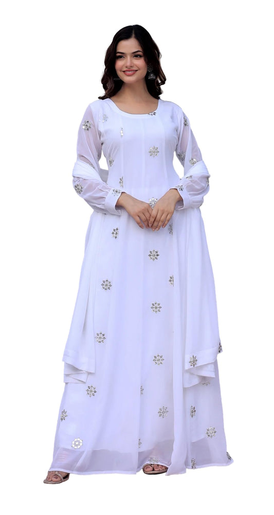 Fashion Basket Georgette Embroidered Gown for Women White