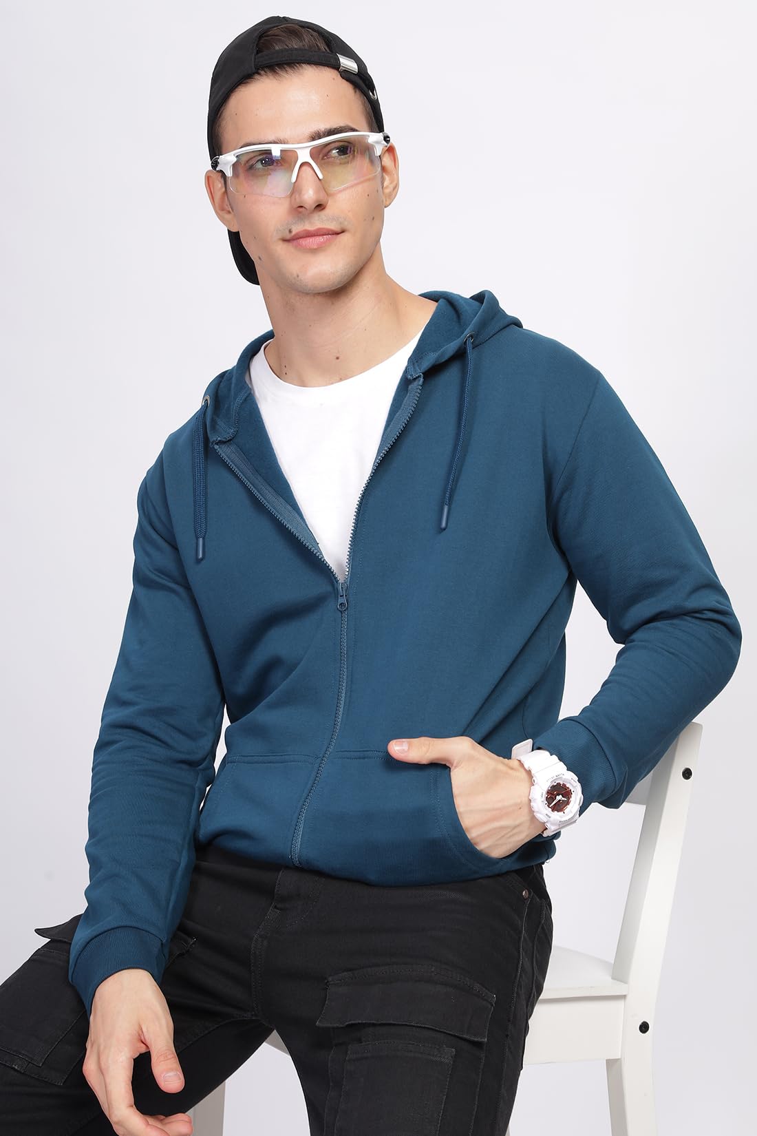ADRO Men's Cotton Neck Hooded Sweatshirt (ZHH-24-PLN-SB_Teal