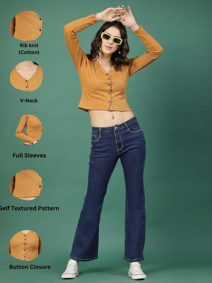 Rigo Casual Wear V Neck Rib Knit Top for Women | Slim Fit Long Sleeves Western Tops for Women