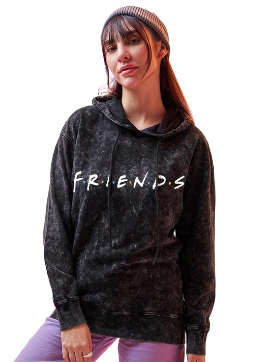 Bewakoof Official Friends Merchandise Womens Graphic Printed Oversized Fit Full Sleeve Fleece Acid Wash Hoodies_629660_Black_M