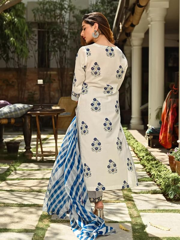 Pinkmint Women Kurta Set Printed V Neck Stright Kurta & Bottom With Dupatta Set