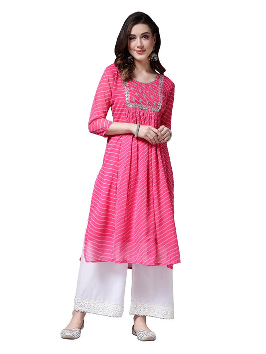 Stylum Women's Lehariya Printed & Embroidered Georgette Naira Cut Kurta (TOWNPINK_Pink)