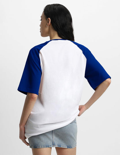 Juneberry 100% Pure Cotton Round Neck Oversized Fit Drop Shoulder Front Teddy Graphic Print White & Colorblocked Royal Blue Colo