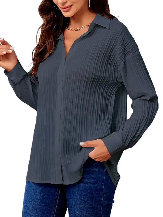 CB-COLEBROOK Womens Textured Loose Fit Button Down Shirt (WO-1035_Grey