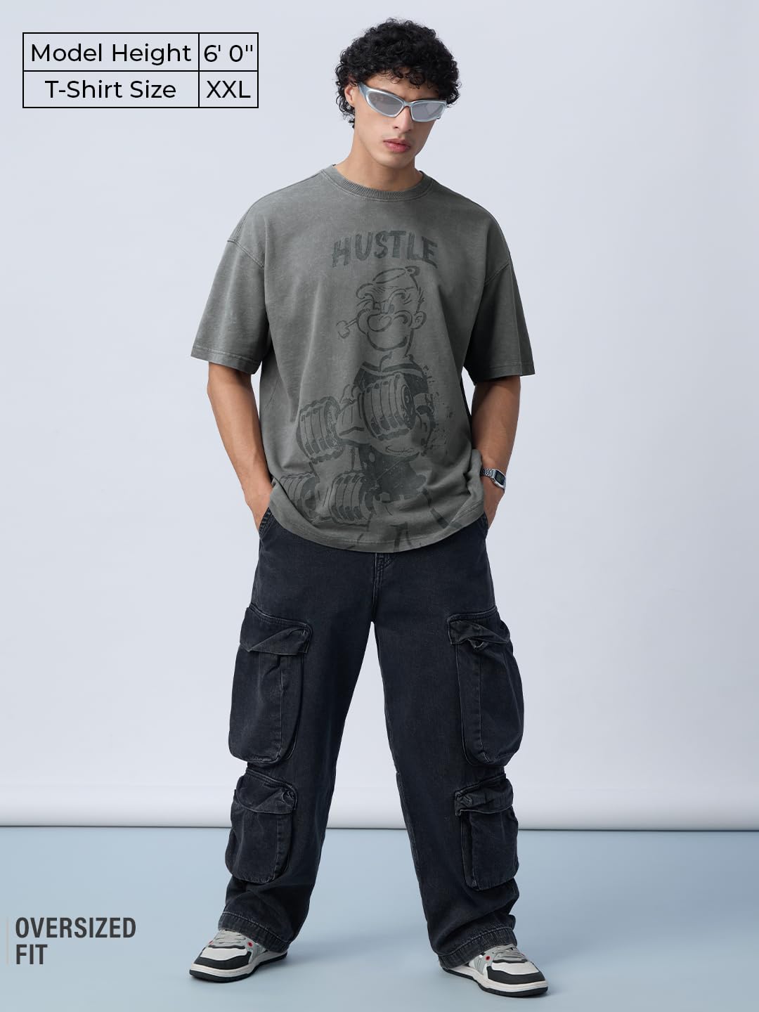 The Souled Store Popeye: Hustle Men and Boys Short Sleeves Round Neck Grey Graphic Printed Cotton Oversized T-Shirts